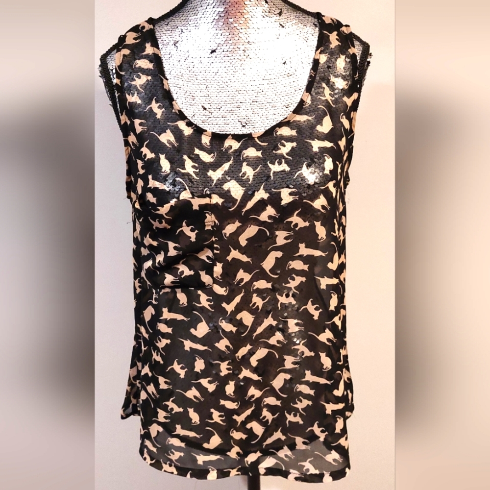 Max C London Black & Tan Cats Sheer Tank Top VGUC Size S